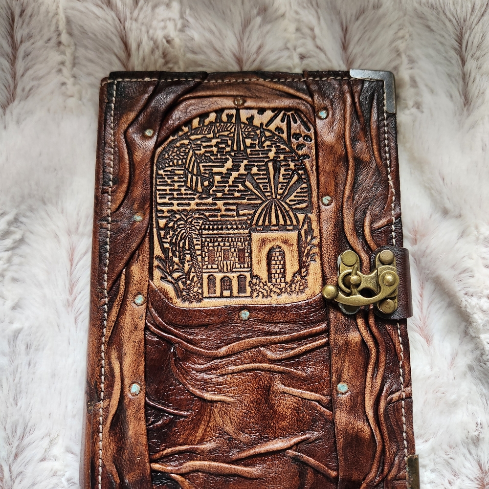 Handcrafted Brown Leather Journal with Embossed Travel Scene
